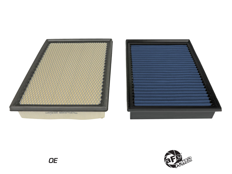 aFe 15-20 Toyota Hilux L4-2.8L Diesel Magnum FLOW Pro 5R Air Filter comparison image showing OE filter and aftermarket filter side by side.