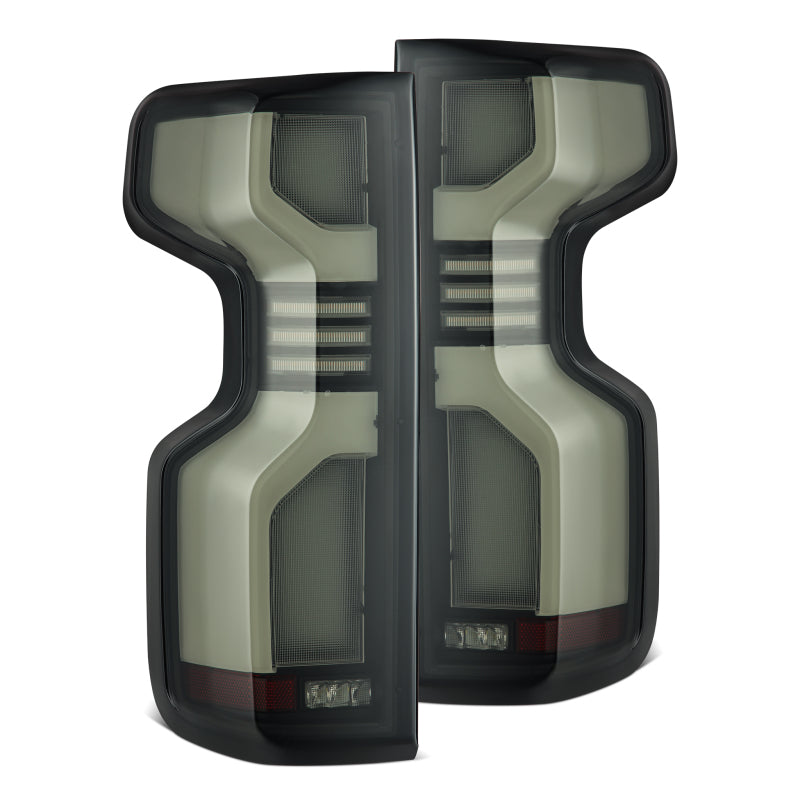 AlphaRex LUXX-Series LED tail lights for 19-24 Chevy Silverado 1500 and 20-24 2500HD/3500HD in black finish.