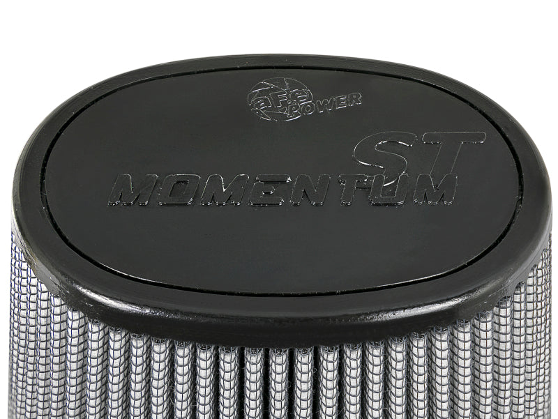 Afe Momentum replacement air filter featuring a cylindrical design with a black top and textured surface for enhanced airflow.