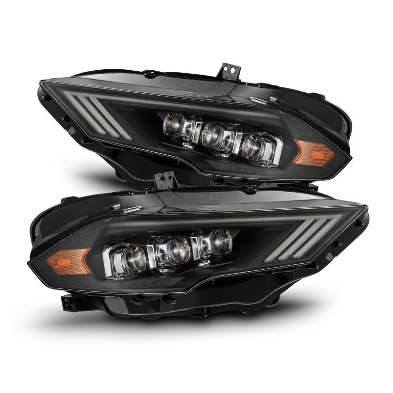 AlphaRex NOVA-Series LED projector headlights for 2018-2022 Ford Mustang in black finish, featuring sleek design and enhanced visibility.
