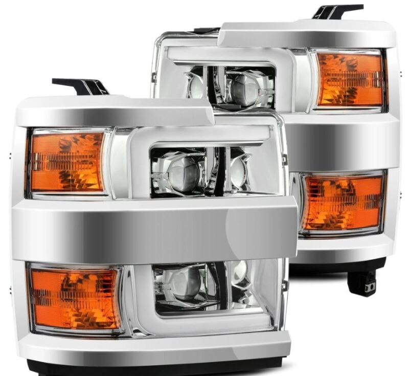 AlphaRex LUXX-Series projector headlights for 2015-2019 Chevy Silverado 2500/3500 with chrome finish and sequential signal lights.