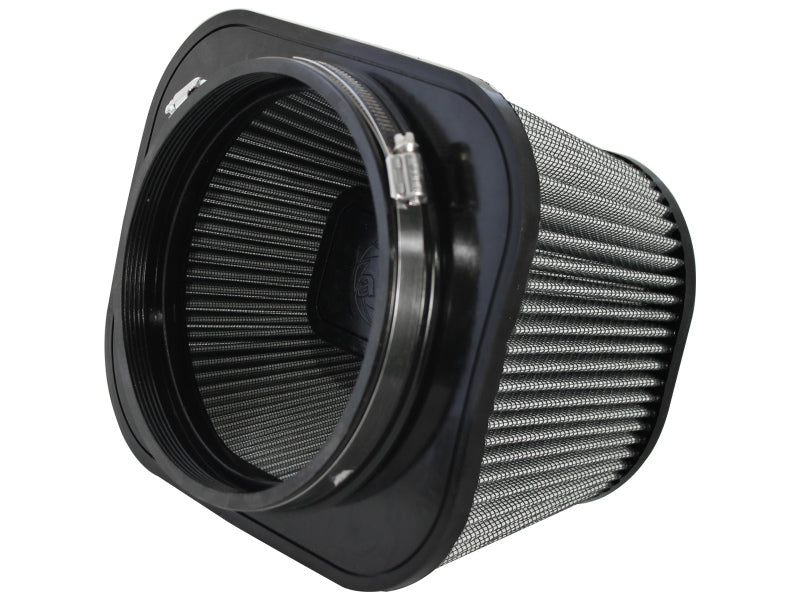 aFe MagnumFLOW Pro DRY S Universal Air Filter with a black frame and pleated filter media, designed for improved airflow and performance.