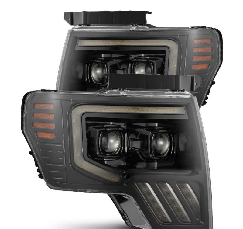 AlphaRex 09-14 Ford F-150 PRO-Series black projector headlights with sequential signal and daytime running lights.