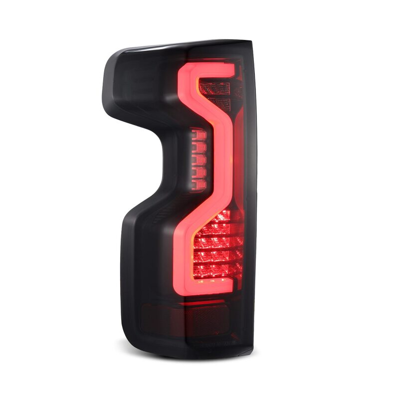 AlphaRex PRO-Series LED tail light for 2019-2023 Chevrolet Silverado models in jet black finish, featuring a sleek design.