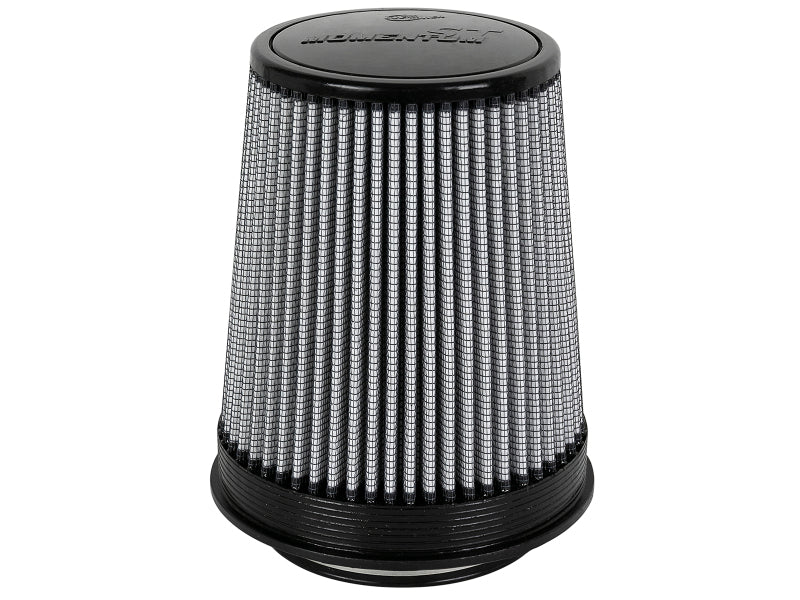 Afe Momentum replacement air filter with a cylindrical design, featuring a black top and pleated filter material for enhanced airflow.