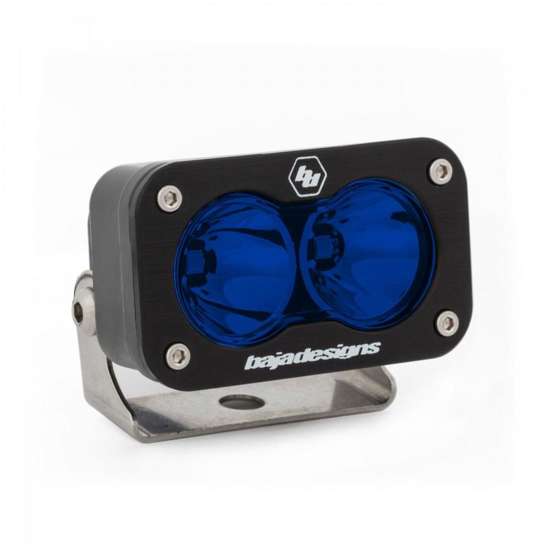 Baja Designs S2 Sport Spot Pattern LED work light with a blue lens and sturdy metal mount for offroad vehicles.