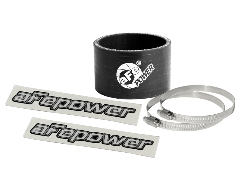Black aFe Magnum FORCE Intake Coupling Kit with straight coupler, two clamps, and aFe Power decals for enhanced airflow.