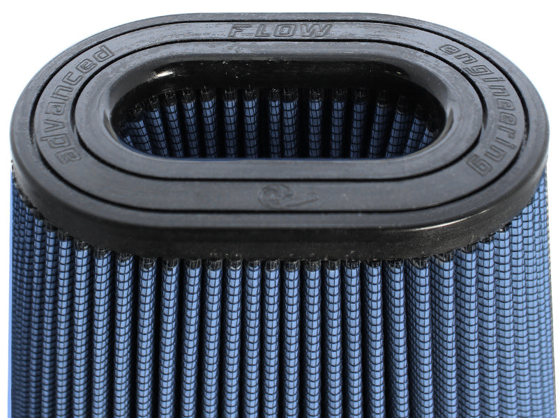 Afe Magnum FORCE replacement air filter with a blue pleated design, featuring an oval opening for improved airflow.