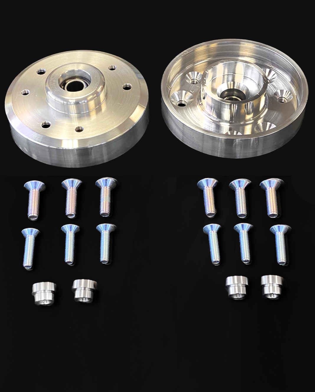 Billet aluminum top hat for 2010-2014 Raptor stock shocks, includes screws and spacers for stock height installation.
