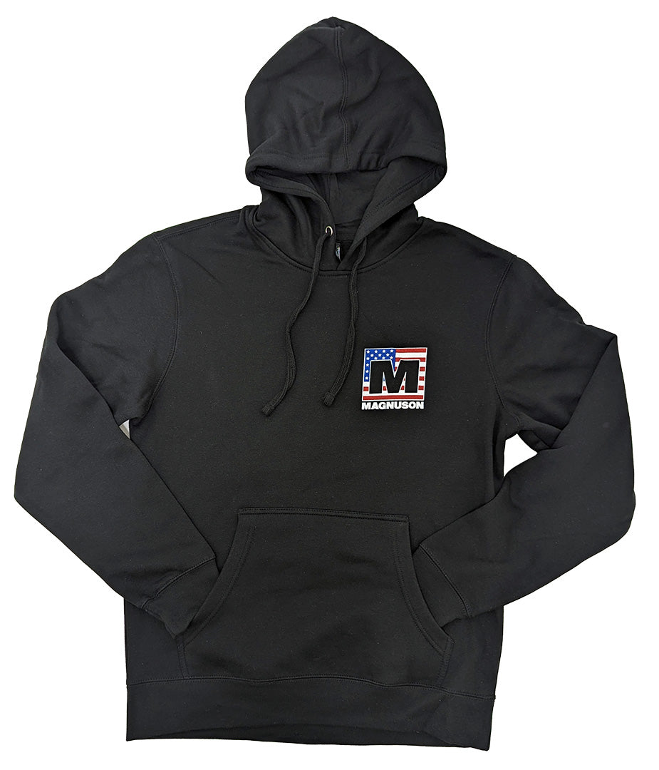 Black hoodie featuring a front pocket and a Magnuson logo with an American flag design. Ideal for casual wear.