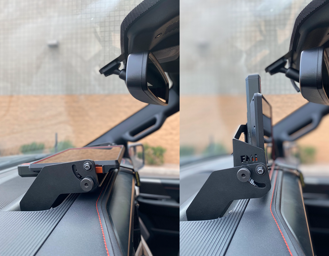 Center dash fold-down GPS mount for 2024+ Gen 3.5 Raptor, designed for Garmin TREAD XL, showcasing sturdy installation.