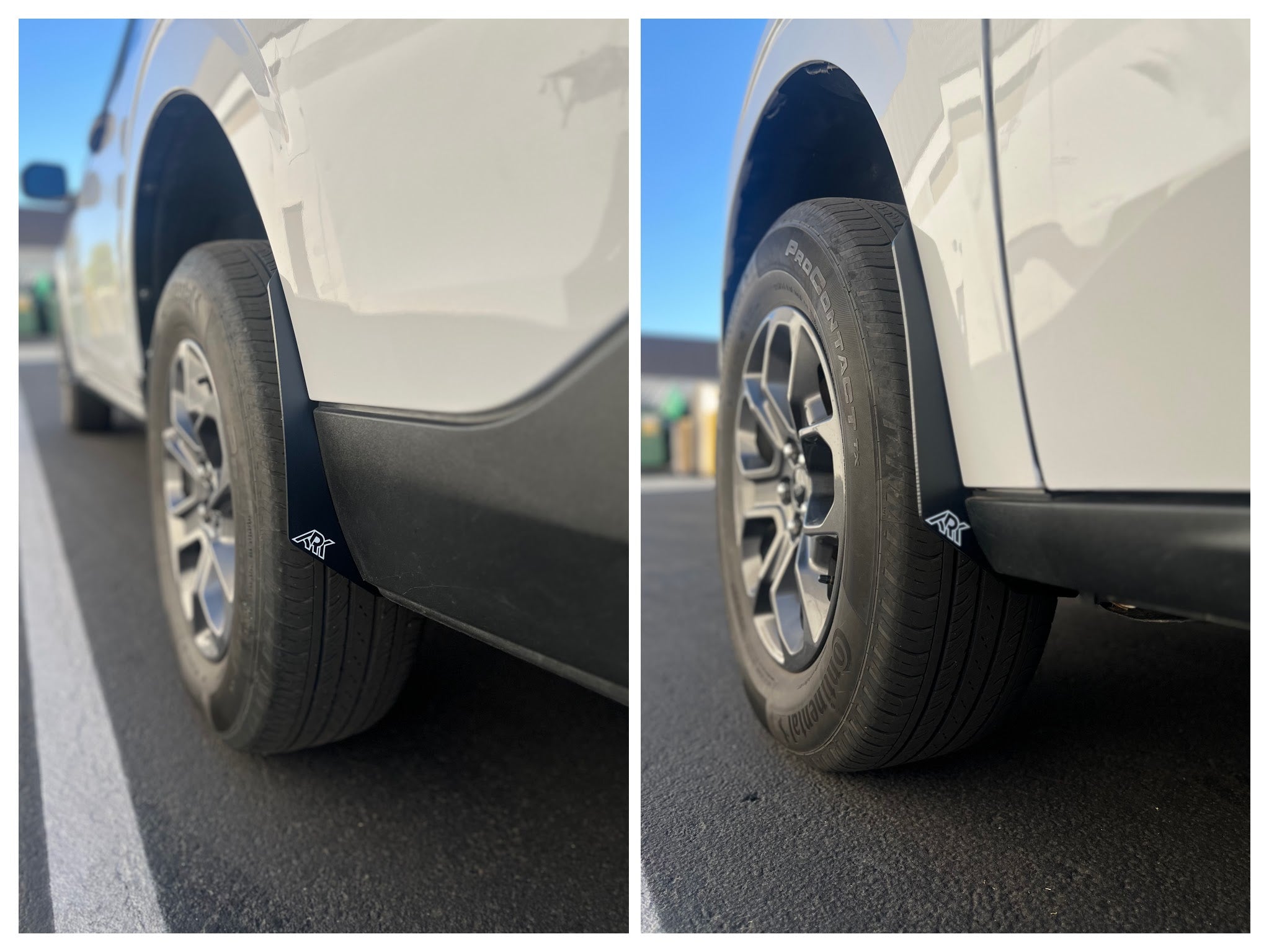 2022+ Ford Maverick Micro Flares enhancing tire coverage and style, installed on a white truck in a parking lot.