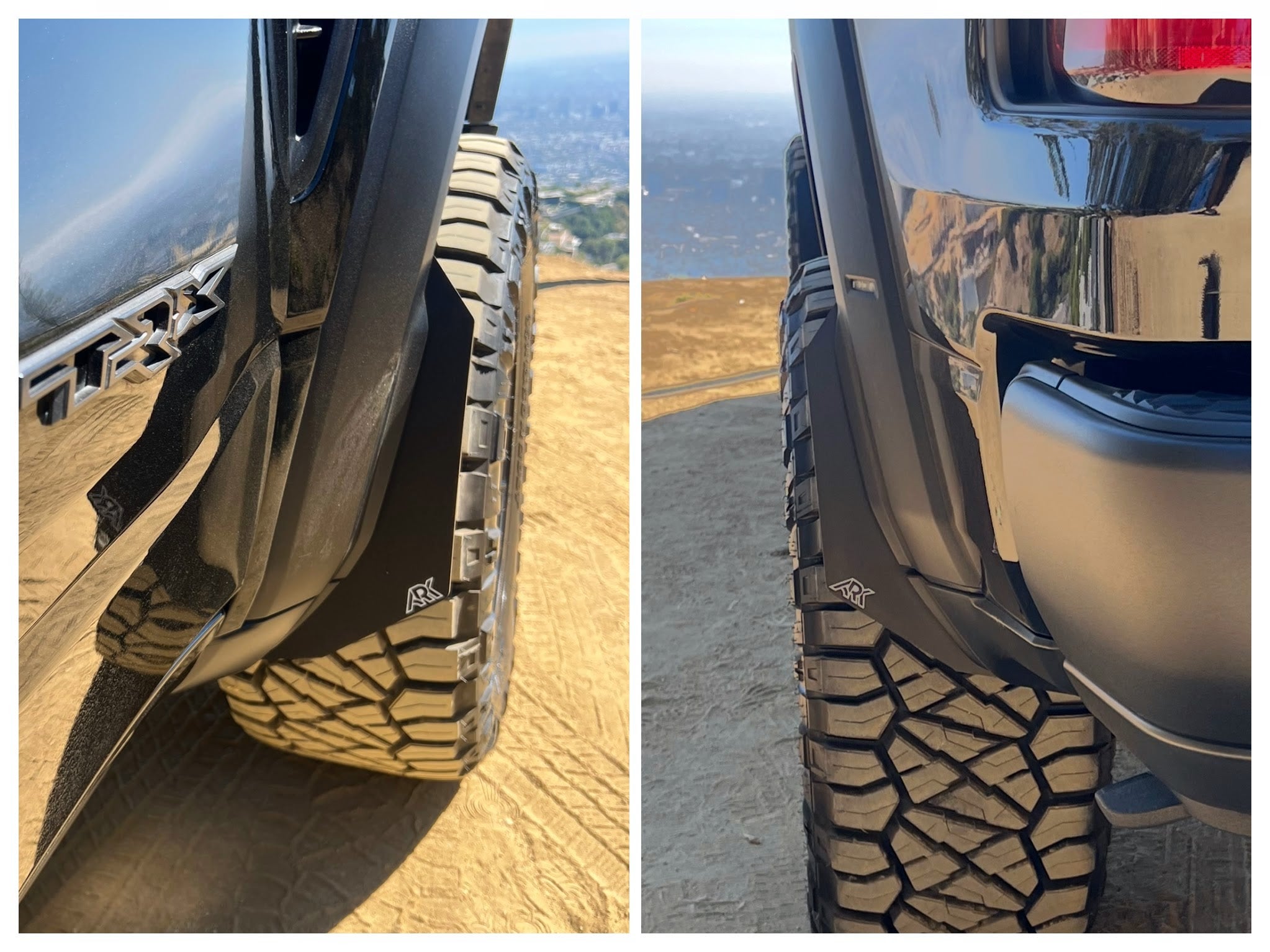 2009-2024 Dodge RAM TRX Micro Flares showcasing a sleek design and rugged tire fitment on an offroad terrain.