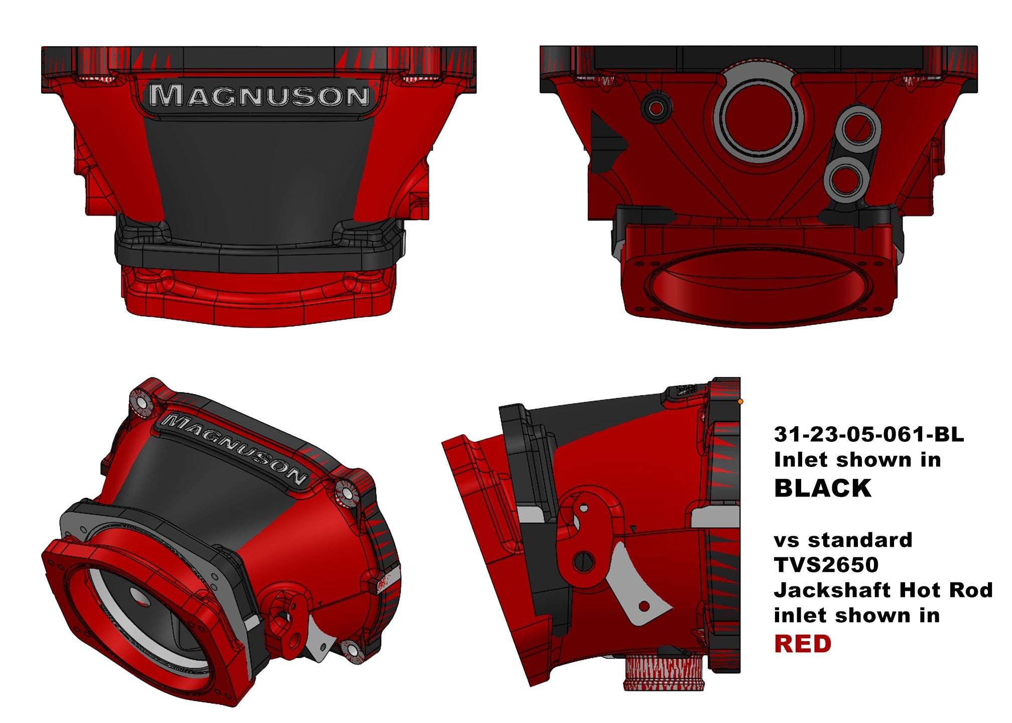 112mm short air inlet for TVS2650 LS superchargers, showcasing black and red design options for enhanced performance.