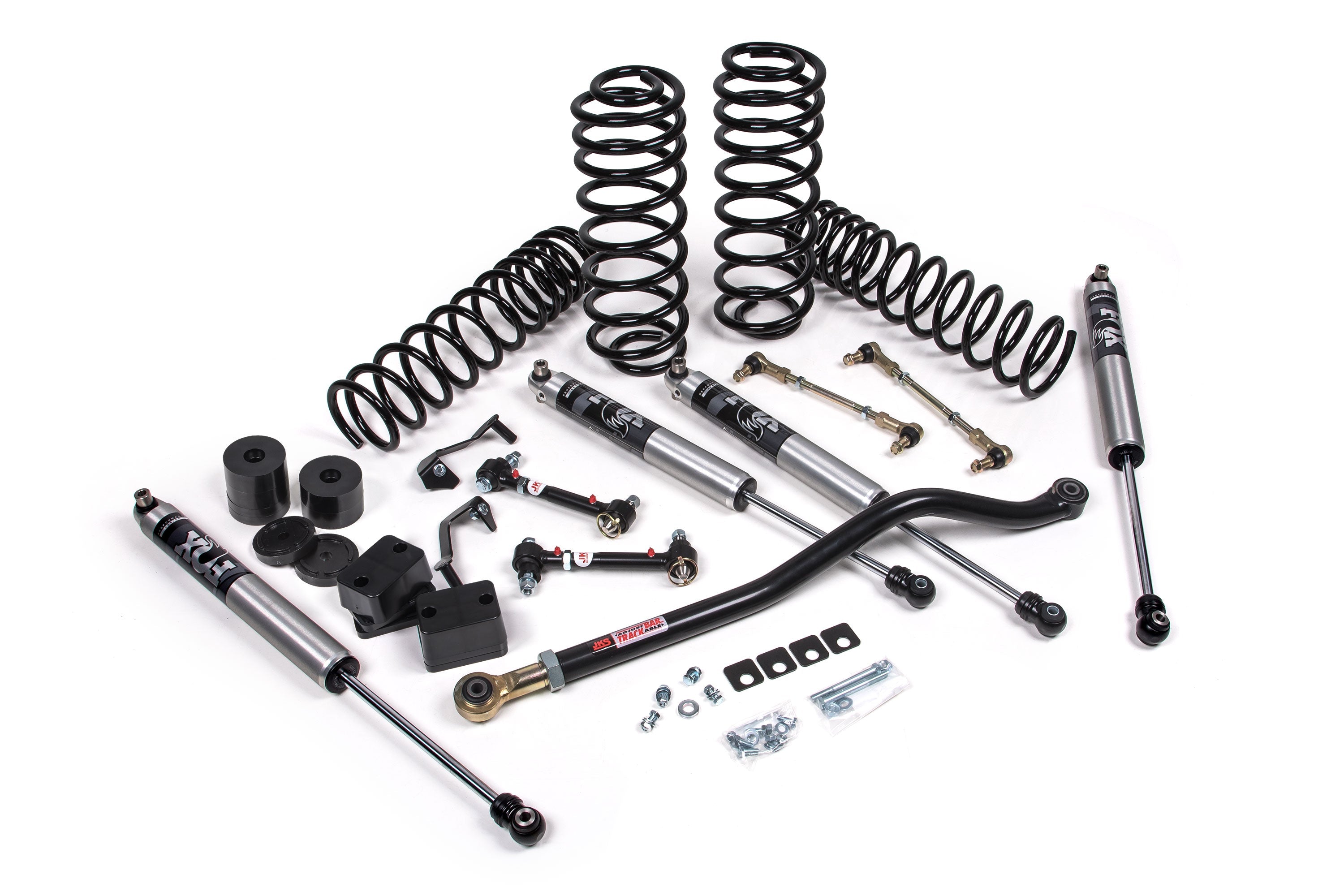 2-inch lift kit components for Wrangler 4xe (JL) 4-Door, including shocks, springs, control arms, and installation hardware.