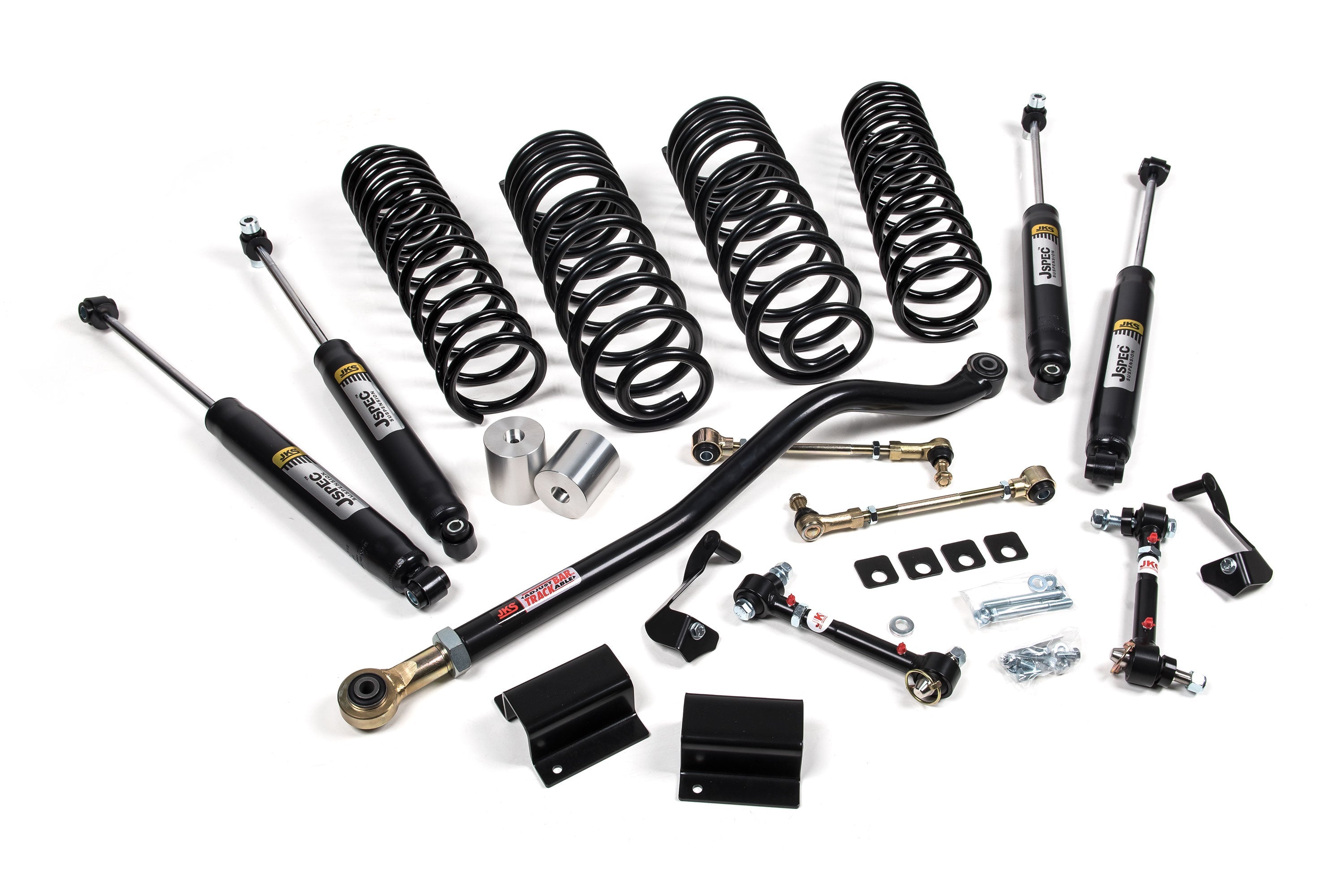 2-inch lift kit components for Wrangler JL 4xe 4-Door, including springs, shocks, control arms, and installation hardware.