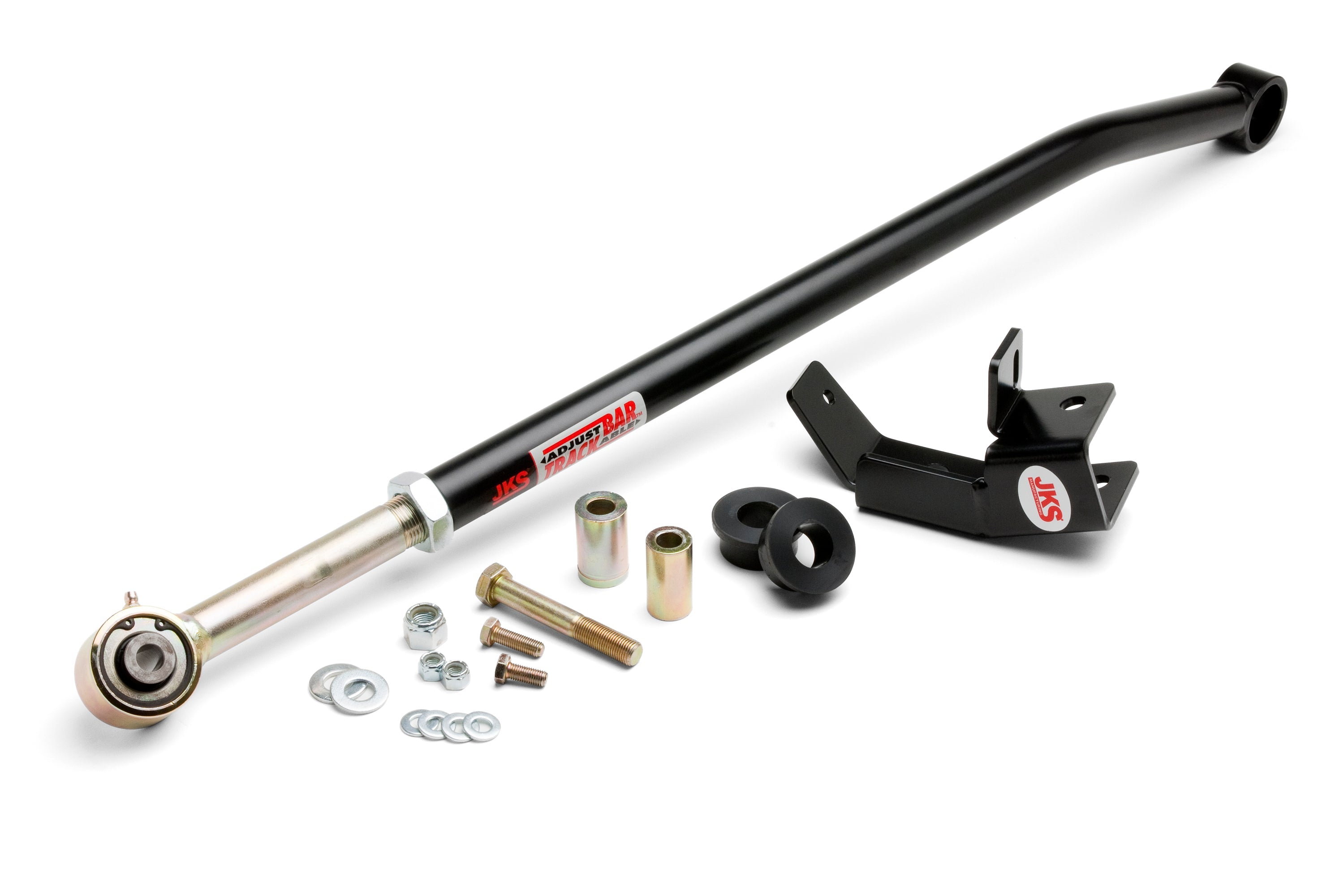 Adjustable rear track bar with relocation bracket and installation hardware for improved vehicle stability and alignment.