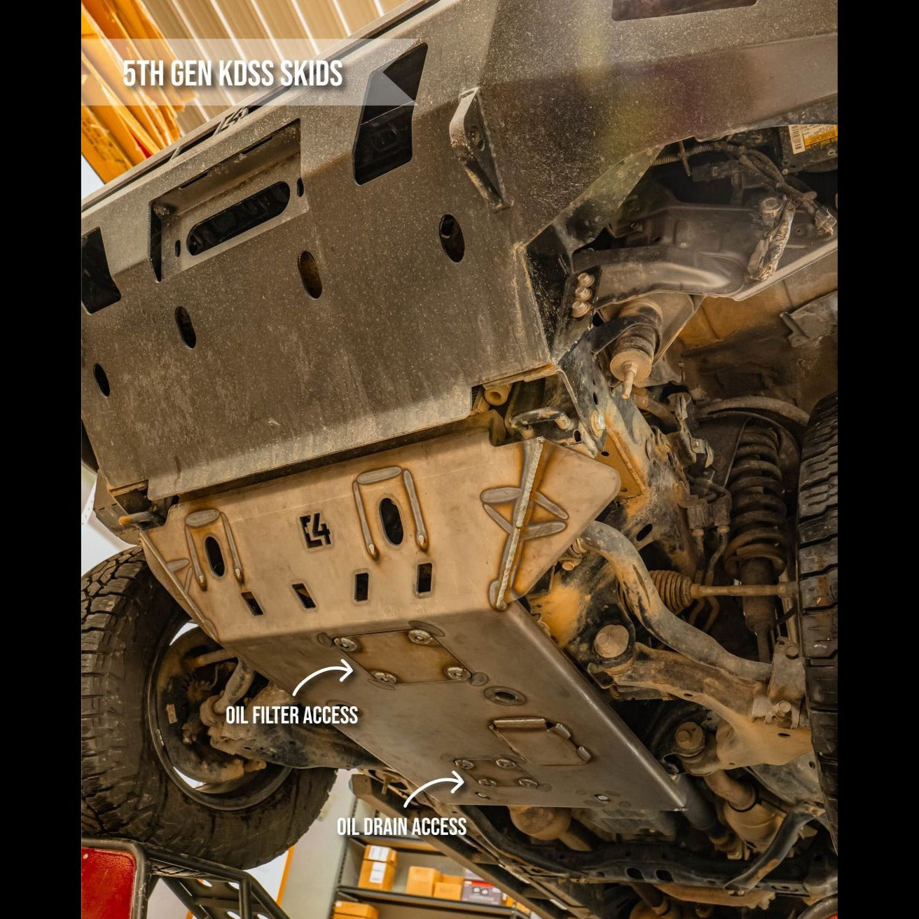 4Runner front skid plate for 5th Gen models 2010 and newer, showcasing oil filter and drain access points.