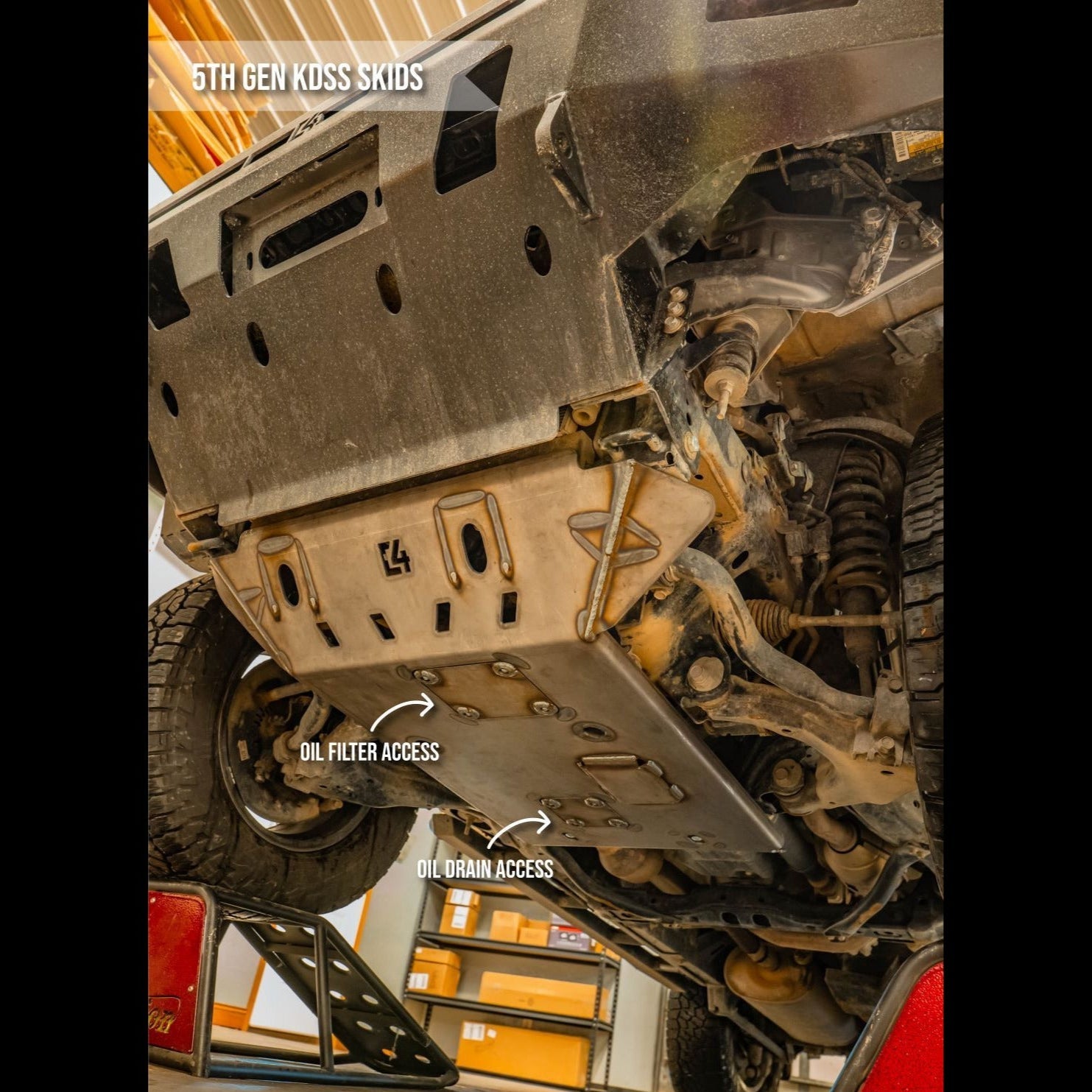 5th Gen 4Runner full skid plates showing oil filter and drain access points for enhanced undercarriage protection.