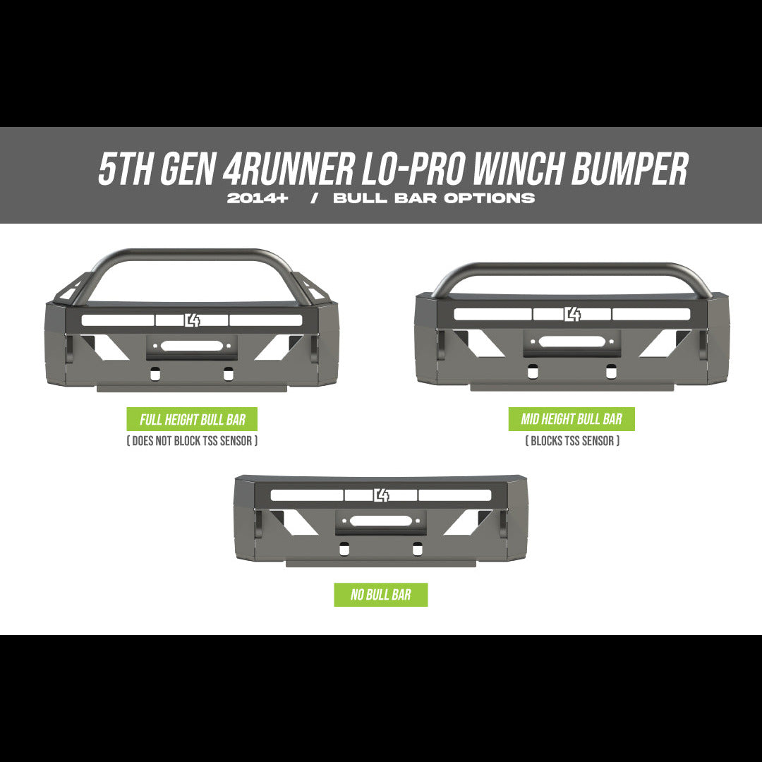 5th Gen 4Runner Lo-Pro Winch Bumper options showcasing full, mid, and no bull bar designs for 2014-2024 models.