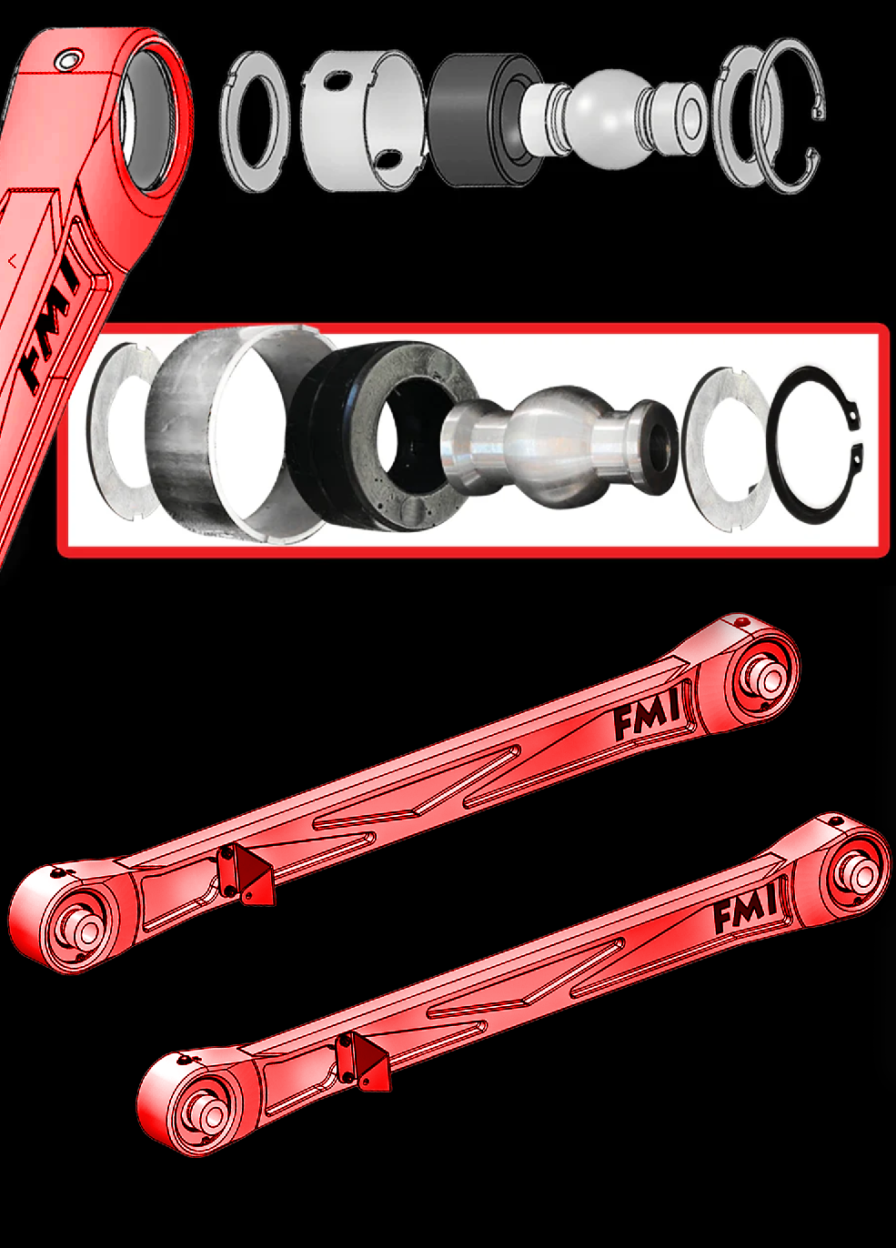 2024 Ranger Raptor rear lower billet aluminum suspension arms with Ultra-Flex joints and detailed assembly components.