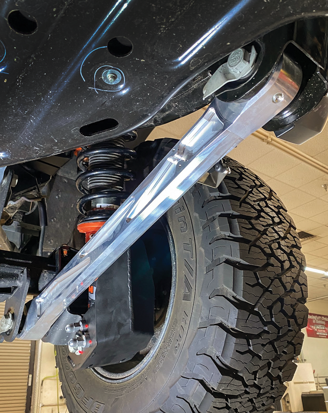 2024 Ranger Raptor rear lower billet aluminum suspension arms with Ultra-Flex joints installed, showcasing durability and performance.