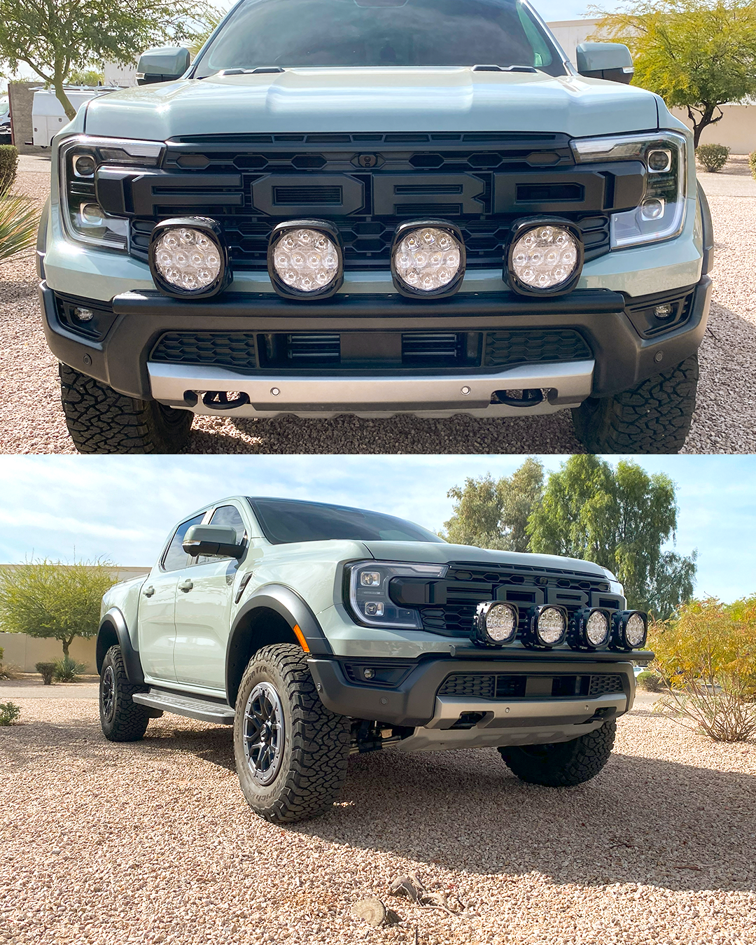 2024 Ranger Raptor Front Light Mount Kit installed on a stock bumper, featuring three mounted lights for enhanced visibility.
