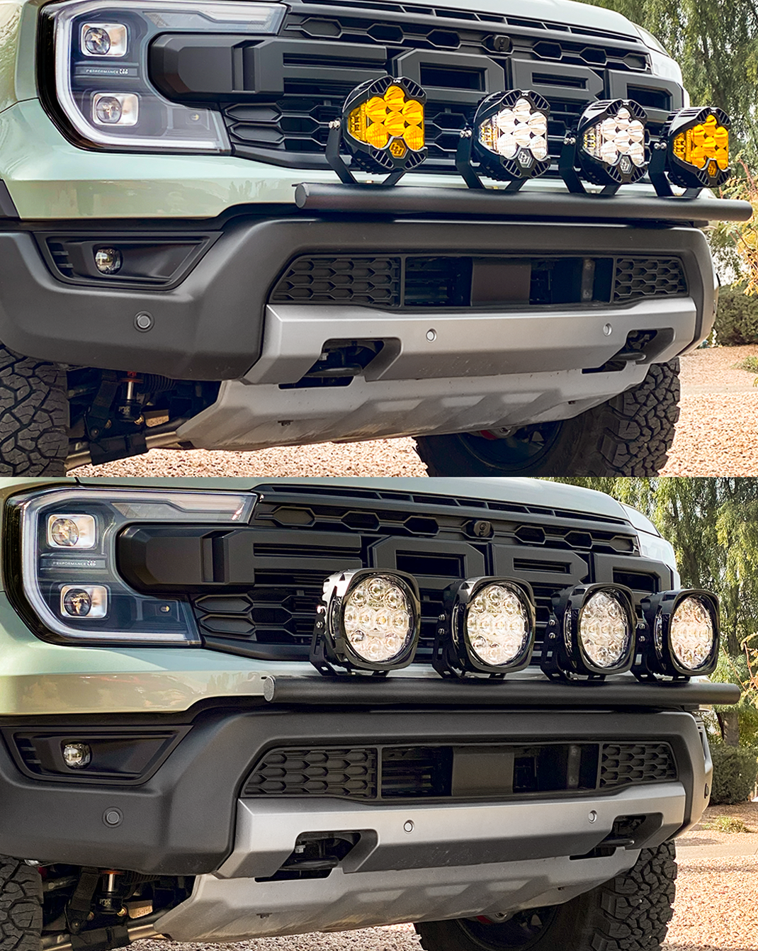 2024 Ranger Raptor Front Light Mount Kit for stock bumper, showcasing versatile light mounting options for offroad use.