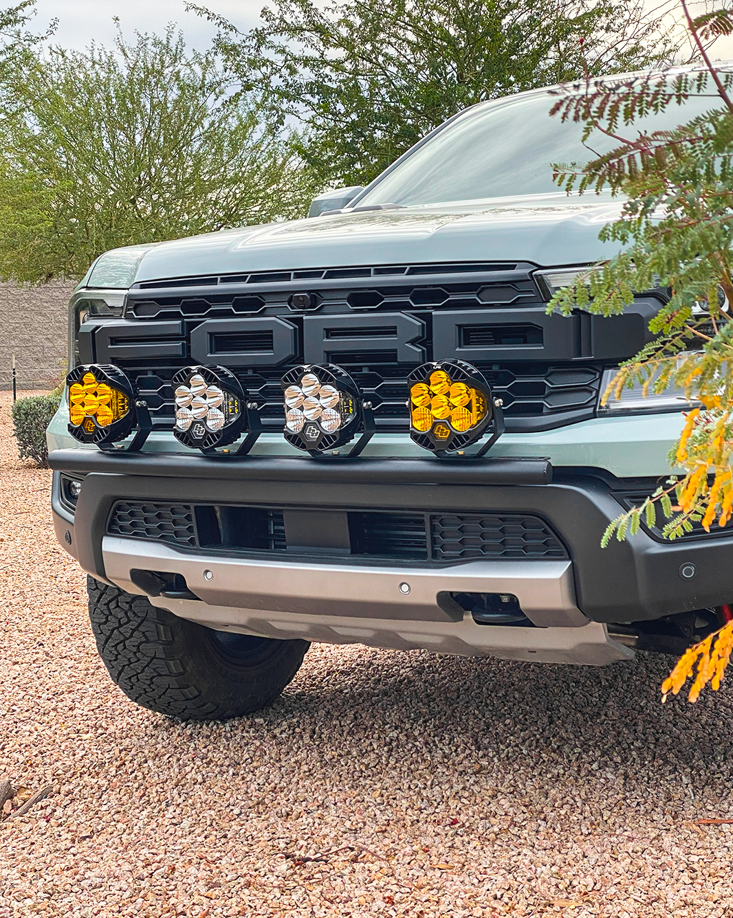 2024 Ranger Raptor Front Light Mount Kit for stock bumper, featuring multiple light options for enhanced visibility.