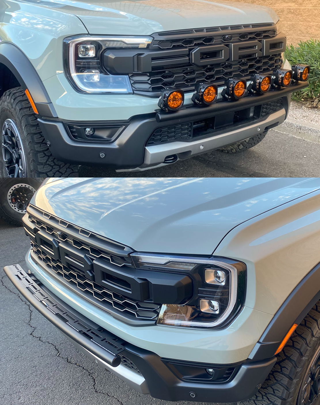 2024 Ranger Raptor Front Light Mount Kit for stock bumper, showcasing versatile light mounting options and rugged design.