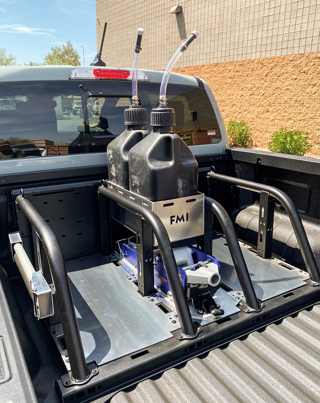 Modular bed organizer for 2024 Ranger and Ranger Raptor, featuring dual fuel containers and secure mounting system.