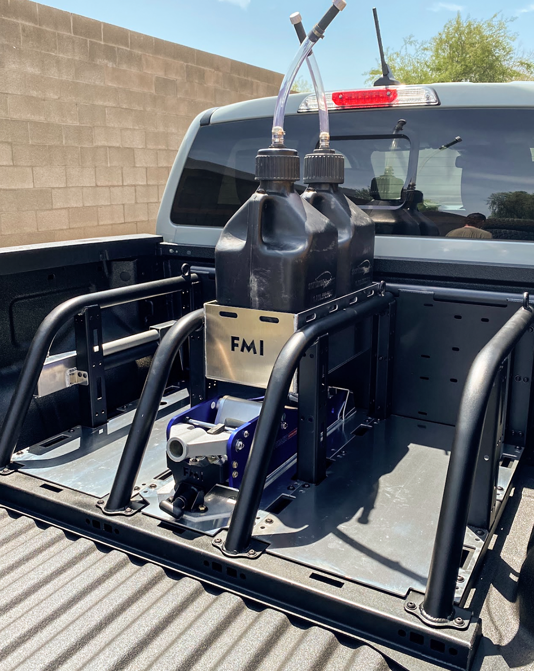 Modular bed organizer for 2024 Ranger and Ranger Raptor, featuring dual fuel containers and sturdy metal frame.