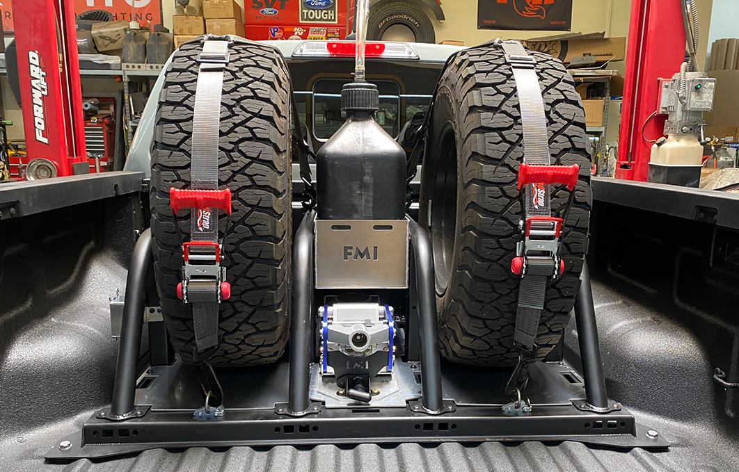 Modular bed organizer for 2024 Ranger and Ranger Raptor, featuring secure tire storage and tool mounting options.