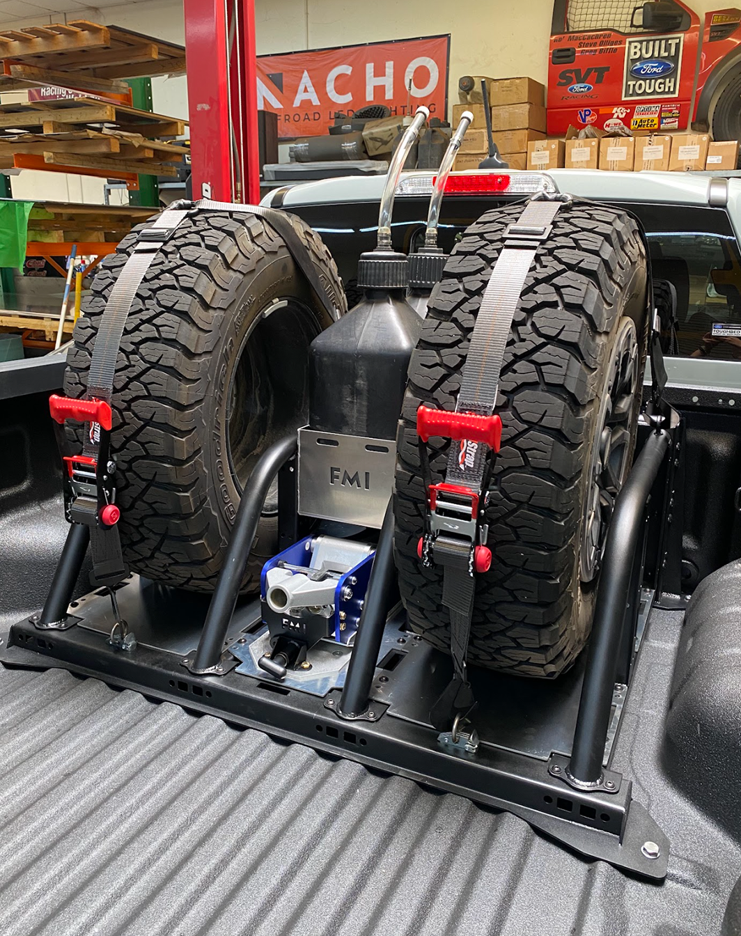 Modular bed organizer for 2024 Ranger and Ranger Raptor, featuring secure tire storage and tool compartments.
