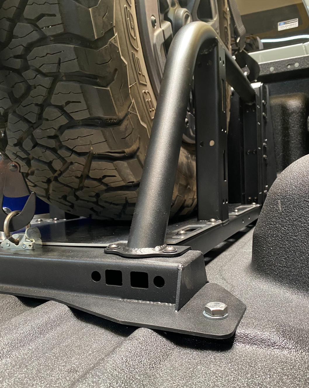 Modular bed organizer for 2024 Ranger and Ranger Raptor, featuring durable metal construction and tire support.
