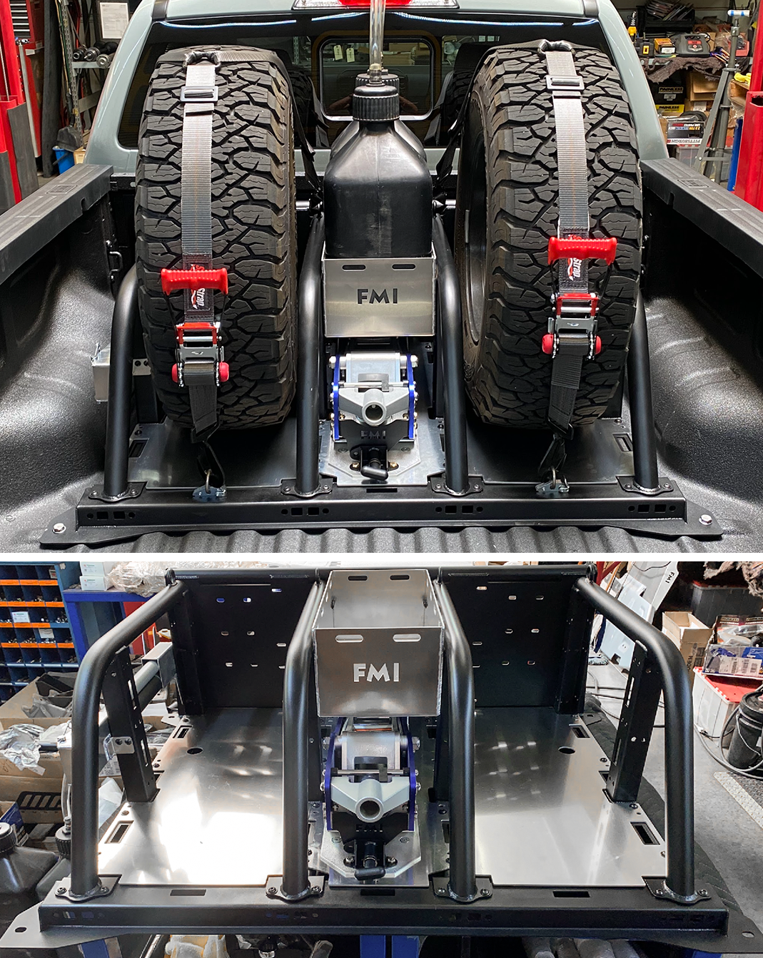 Modular bed organizer for 2024 Ranger and Ranger Raptor, featuring secure tire storage and durable construction.