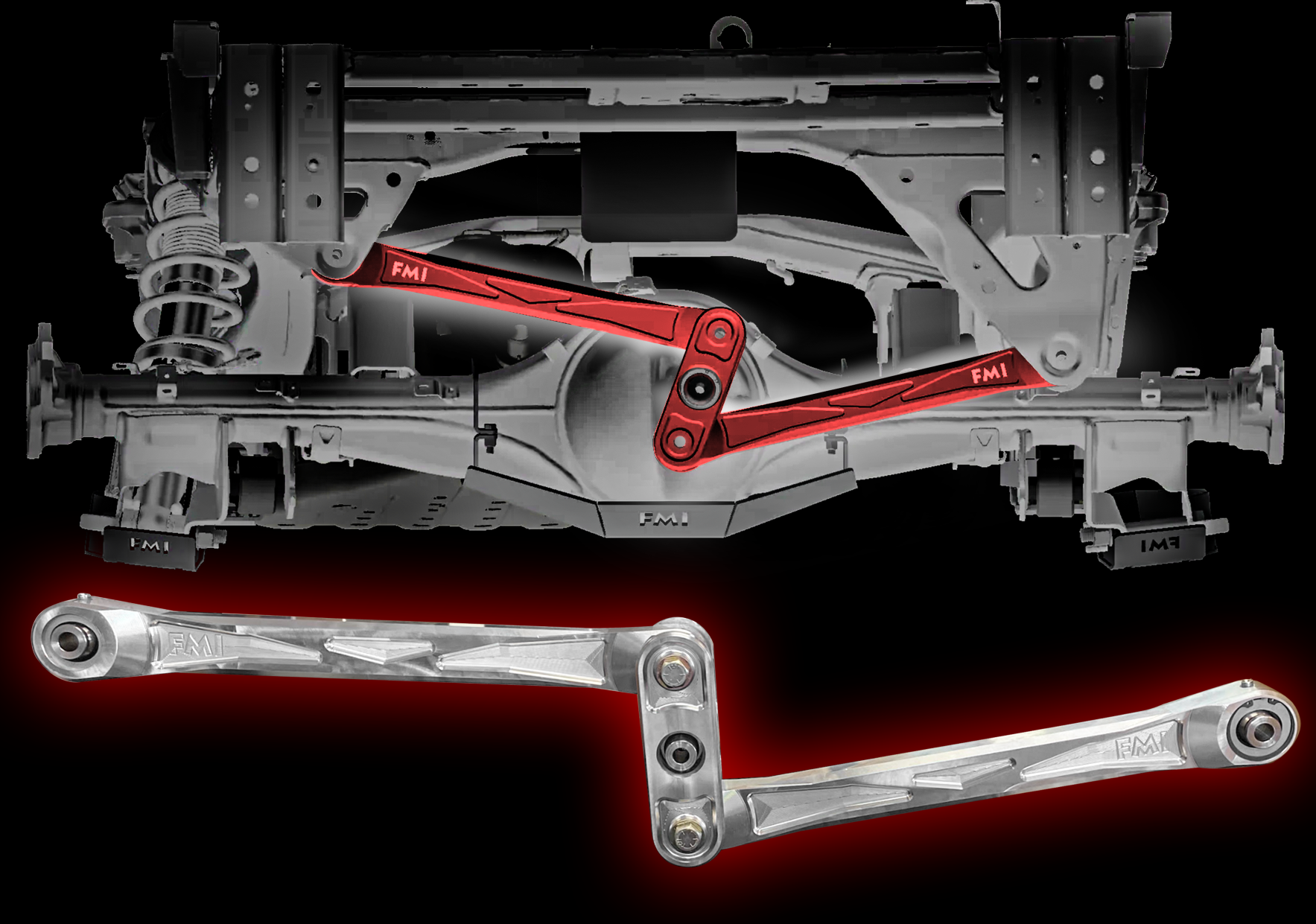2024 Ranger Raptor billet aluminum rear Watts link kit showcasing durable construction and precision engineering for enhanced performance.