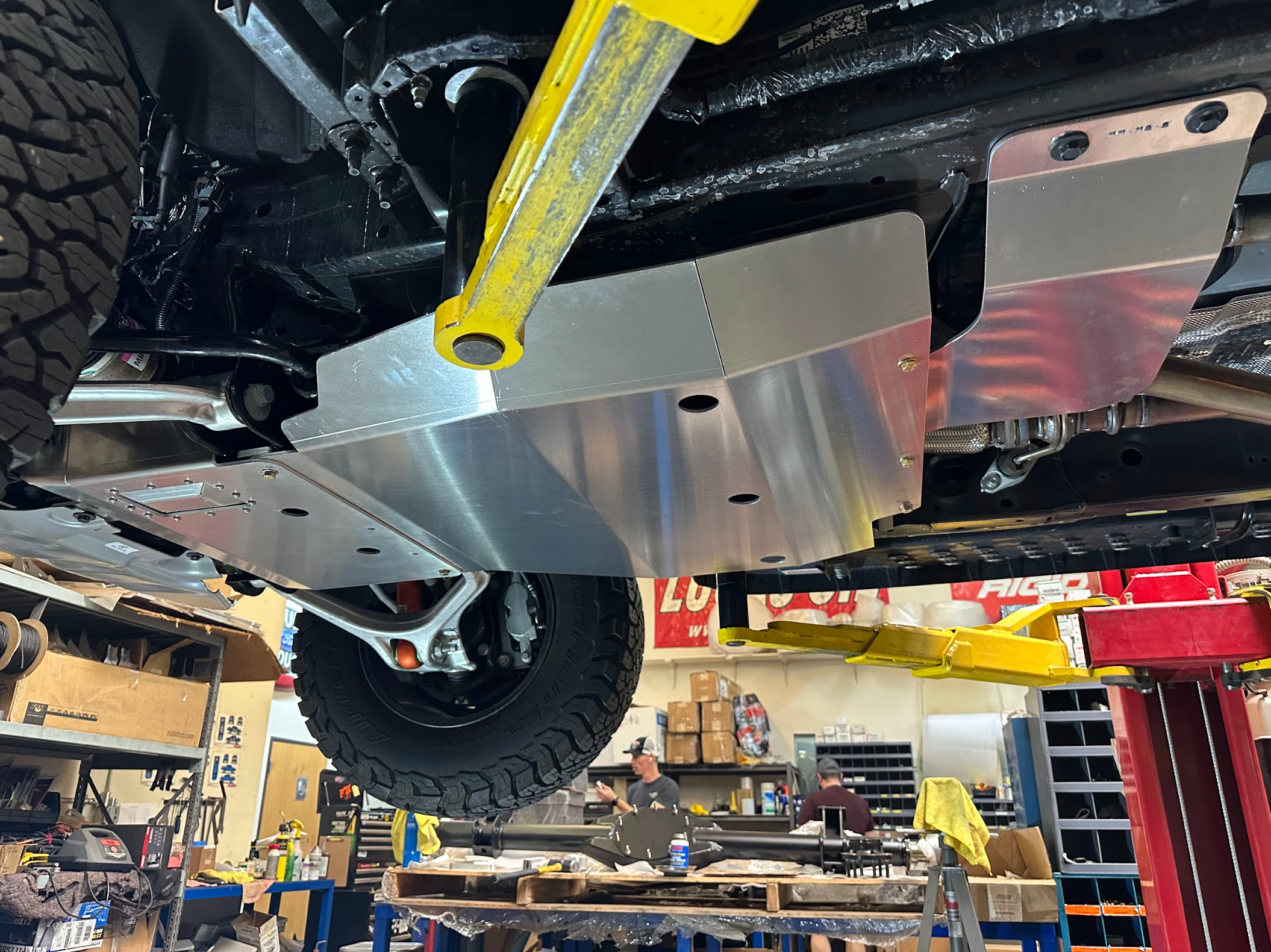 2024 Ford Ranger Raptor skid plate installed, showcasing durable aluminum construction and undercarriage protection.