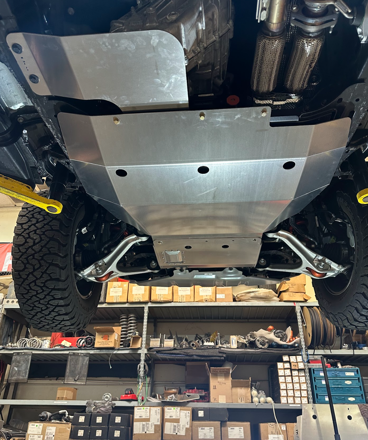 2024 Ford Ranger Raptor skid plate installed, showcasing durable aluminum construction and undercarriage protection.