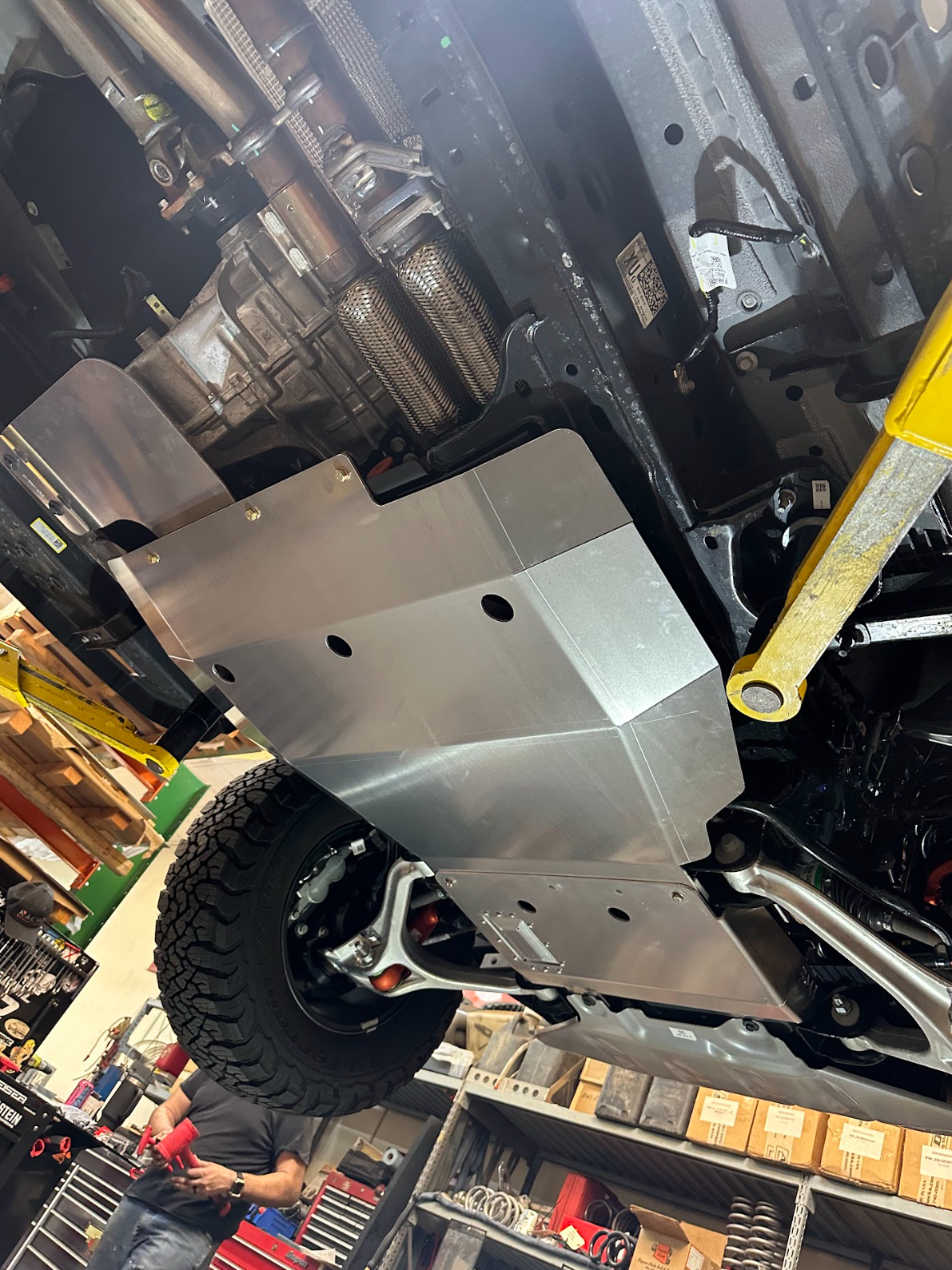 2024 Ford Ranger Raptor skid plate installed, showcasing durable aluminum protection for undercarriage components.