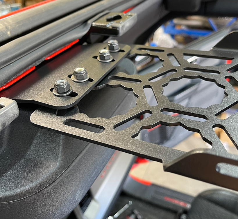 Bronco Raptor 2022 front roof mount short panel add-on by Adapt-A-Panel, showcasing a sturdy black metal design.