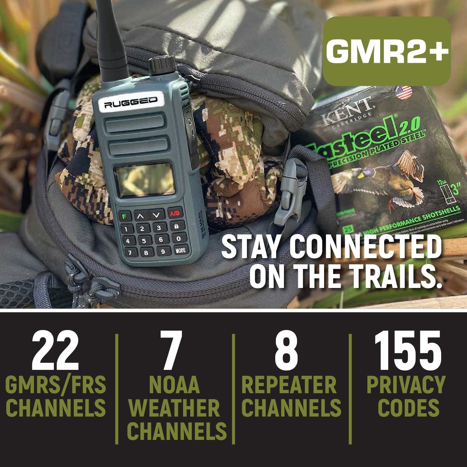 Rugged GMR2 PLUS two-way handheld radios in safety yellow, featuring 22 GMRS/FRS channels for outdoor communication.