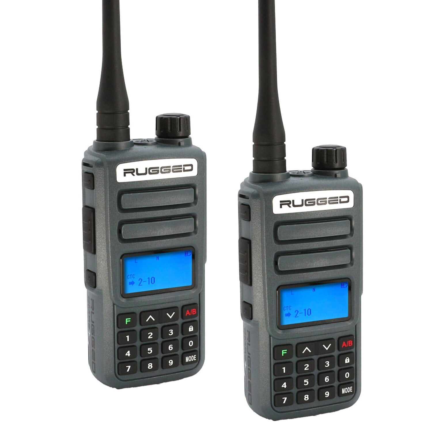 Two Rugged GMR2 PLUS handheld radios in safety yellow, featuring digital displays and keypad for clear communication.