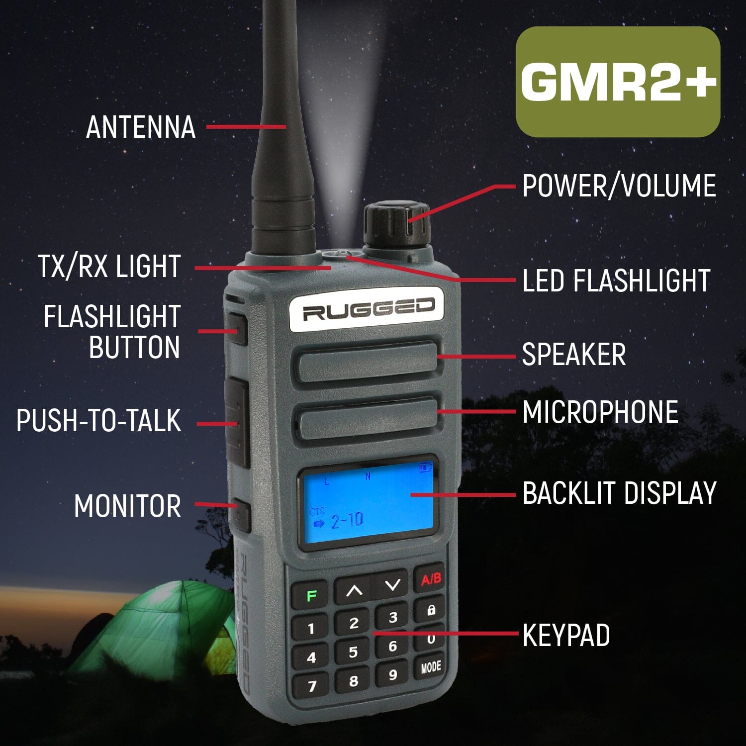 Rugged GMR2 PLUS two-way handheld radios in safety yellow, featuring a keypad, LED flashlight, and backlit display.