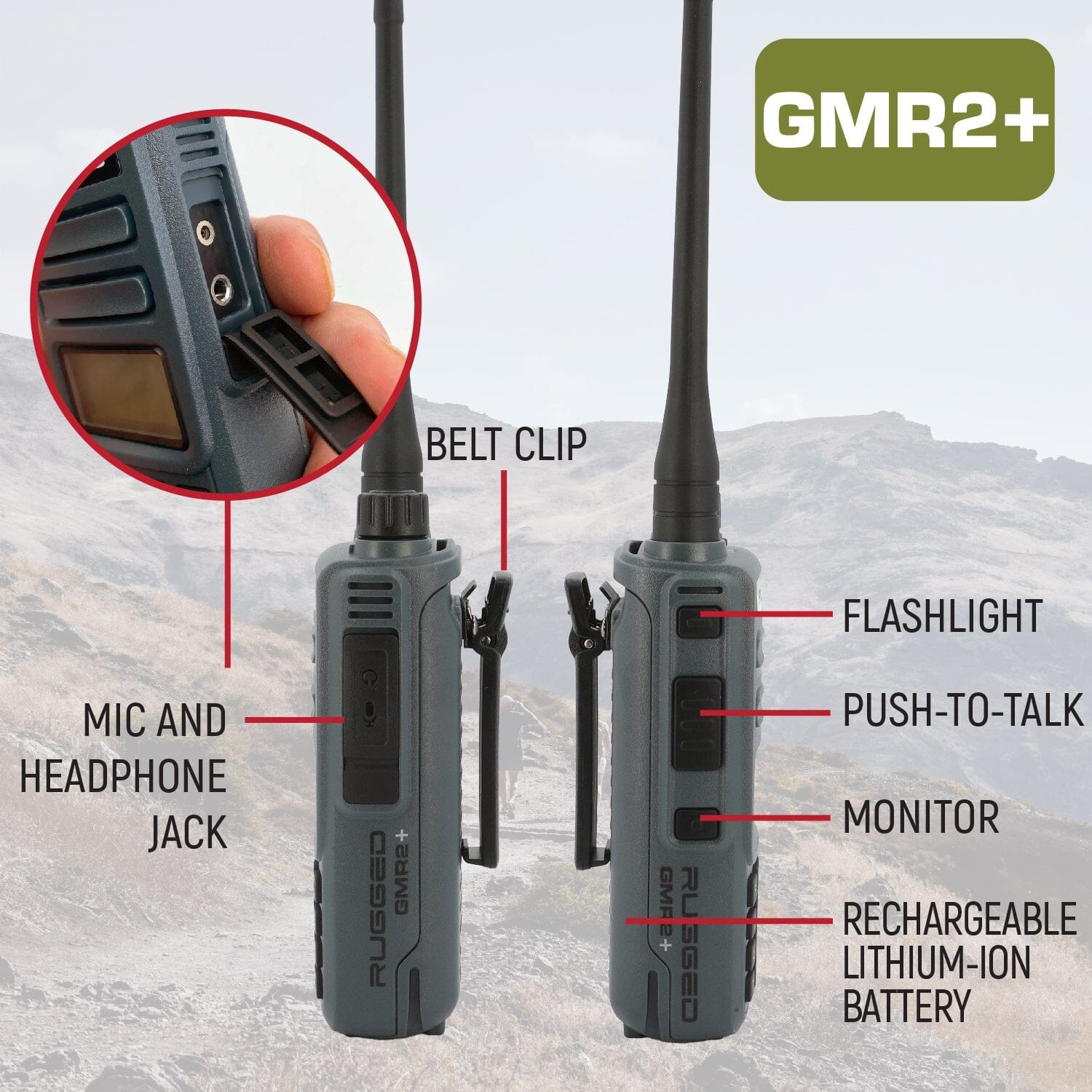 Rugged GMR2 PLUS two-way handheld radios in safety yellow, featuring a belt clip, flashlight, and rechargeable battery.