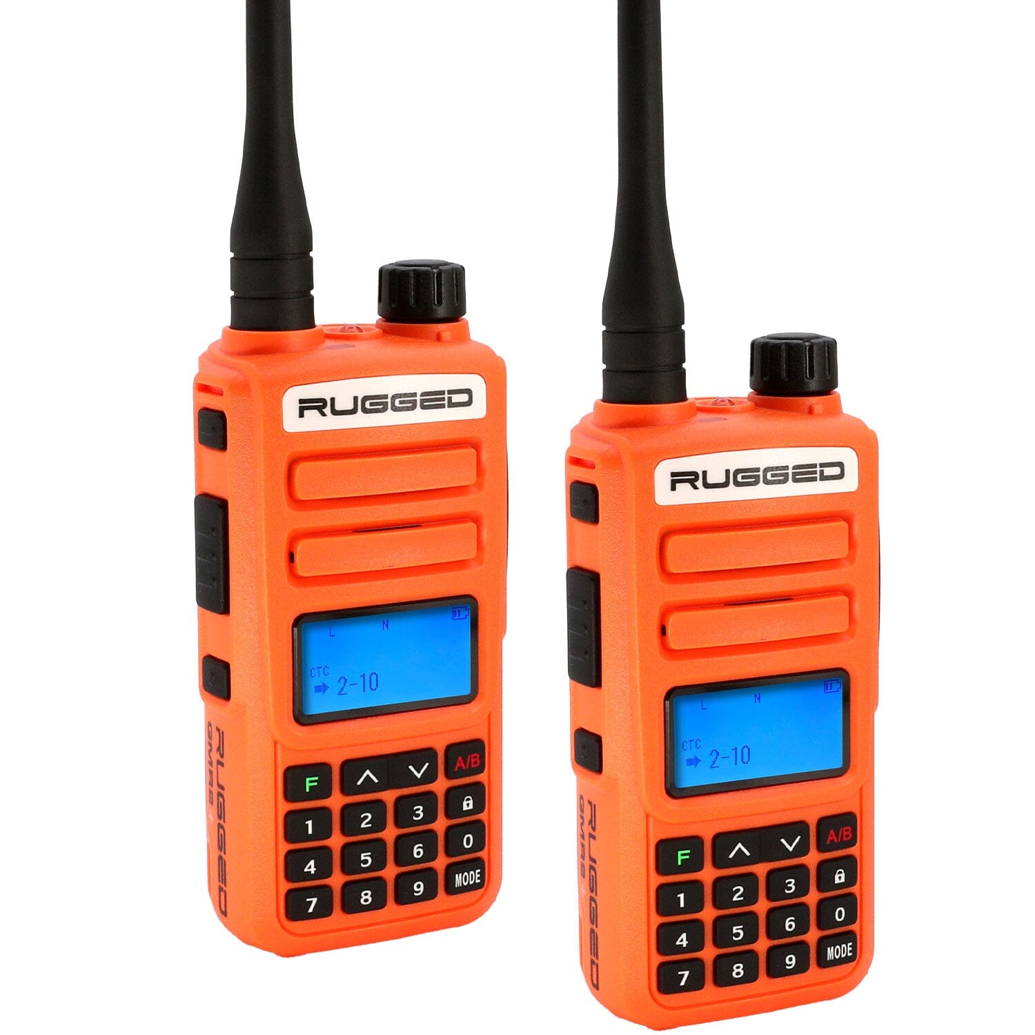 Two Rugged GMR2 PLUS handheld radios in safety yellow, featuring digital displays and keypad for communication.