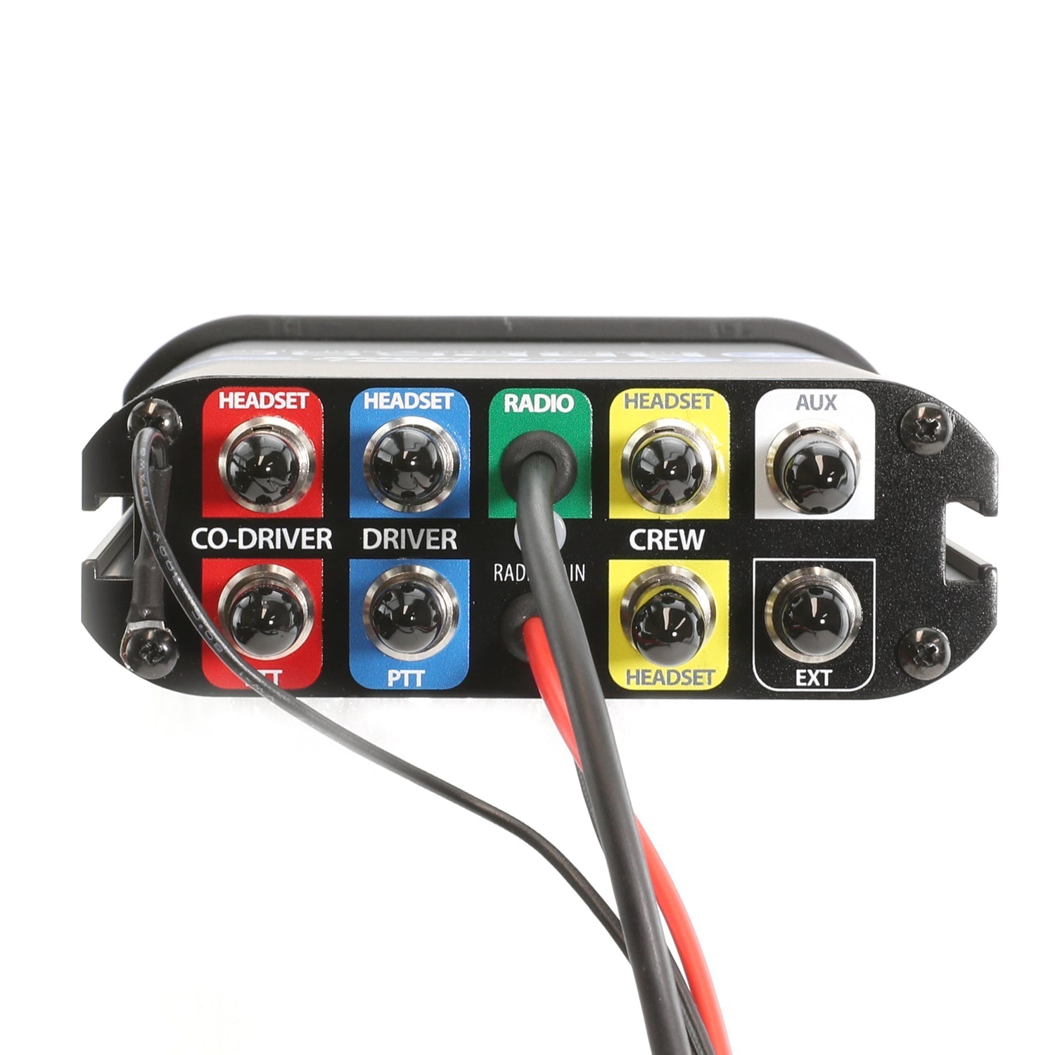 Bluetooth intercom unit with ports for headsets, radio, and external connections, designed for two-person use in vehicles.