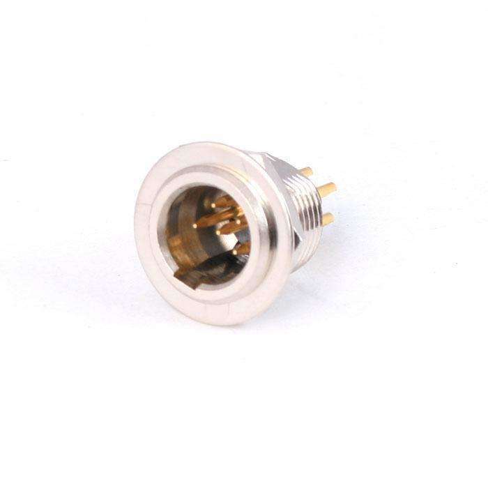 5-pin panel mount mini XLR connector with gold-plated pins for secure audio connections in professional setups.