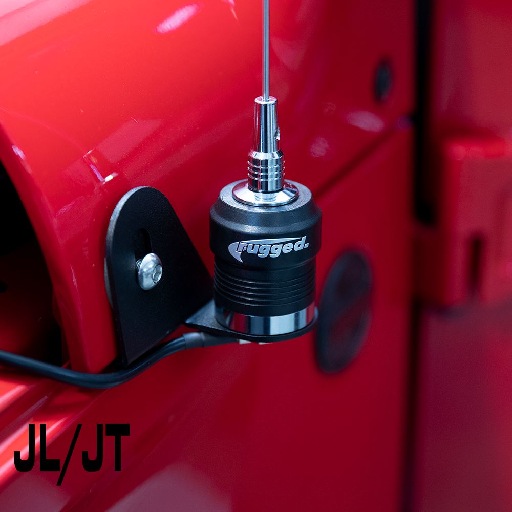 Antenna mount for Jeep Wrangler TJ, LJ, JK, JL, and Gladiator JT, showcasing a rugged design for enhanced durability.