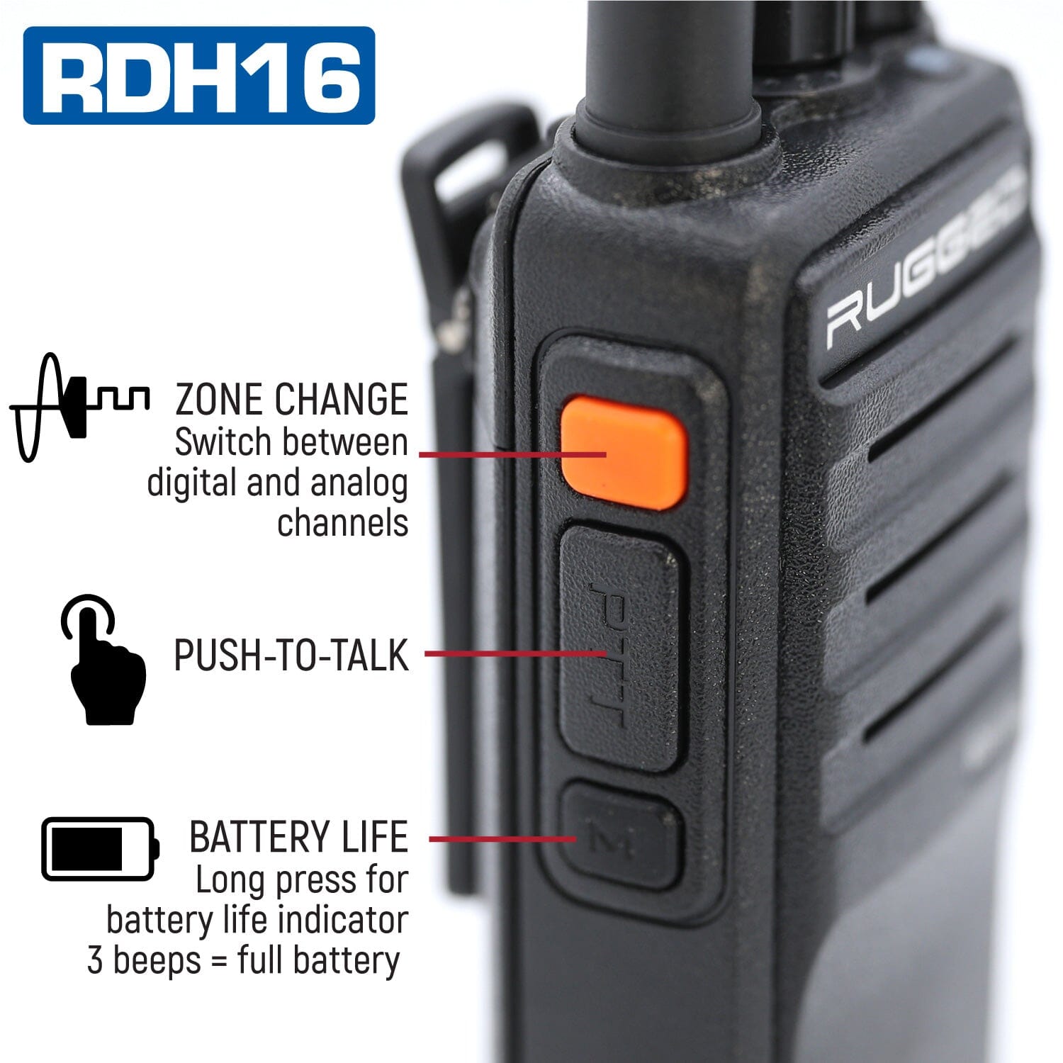 Rugged RDH16 - Business Band Two Way Handheld Radio - Digital and Analog - UHF / Safety Yellow